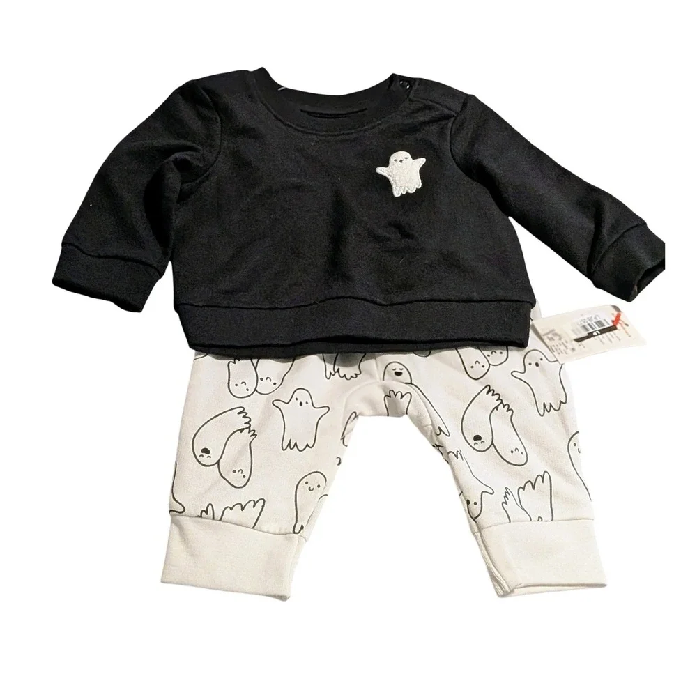 Cat & Jack Baby 0-3M Ghost Sweatshirt and Joggers Halloween Outfit Set Black NWT